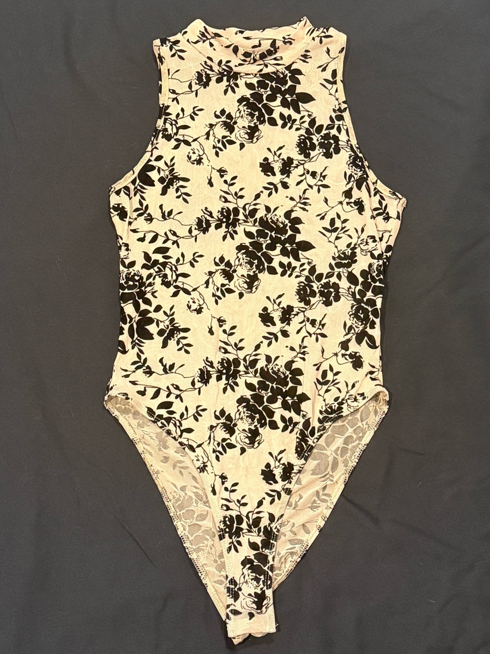 Nude mesh & Black Velvet Floral Sleeveless Bodysuit